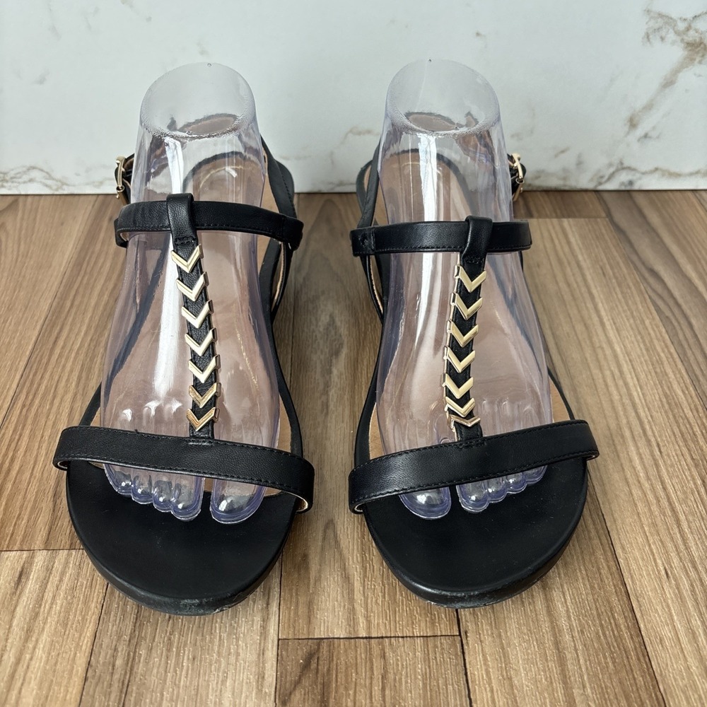 Vionic T-Strap Wedge Sandals Black w/ Gold Chevron Detail Womens Size 10